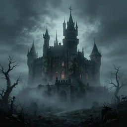 a haunted castle barely visible through the fog, digital art, scary