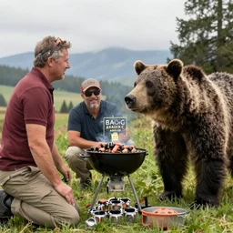 Bear Grylls finds a grizzly bear that does BBQ with his friends, award winning photo