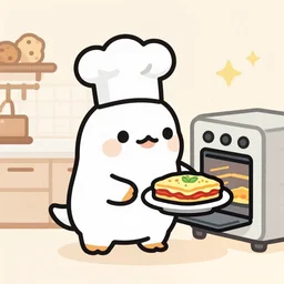 cute platypus on a kitchen wearing a chef hat and holding a lasagna into an oven, minimalistic logo style
