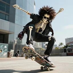 skeleton with an afro, brook aka soul king from one piece, skateboarding like a pro, still, doing a handplant skateboarding trick, wearing sun glasses
