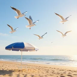 seagulls flying over a beach umbrella on the beach at sunrise, concept art, highly detailed, high quality, bright colors,