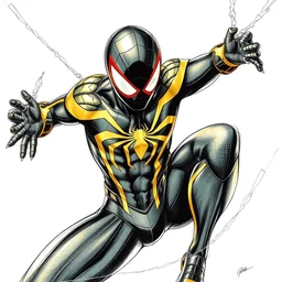 photorealistic, hyperdetailed, sketch of a black and gold spider - man, by todd mcfarlane, by steve ditko, by john romita jr.