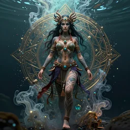 a centered full body render of an alluring festival hippy with tribal tattoos surrounded by a underwater ink pour and flowing liquid gallium and sacred geometry, perfect body and face, gorgeous, cinematic, beautifully lit, by miho hirano, by karol bak, by donato giancola, 3 d, trending on artstation, octane render, 8 k