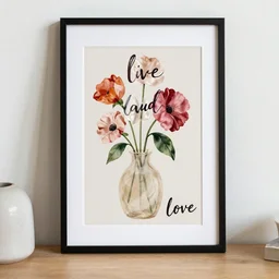 live laugh love framed print, silk flowers in a vase
