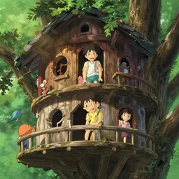 a film still disney animation a kid playing at a treehouse, sun light, finely detailed features, closeup at the faces, perfect art, very big treehouse, gapmoe yandere grimdark, trending on pixiv fanbox, painted by greg rutkowski makoto shinkai takashi takeuchi studio ghibli, akihiko yoshida,