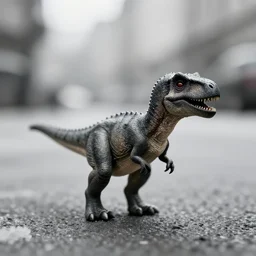 award winning photo by saul leiter of a tiny gray dinosaur standing in the street, tiny gaussian blur, insanely detailed, insanely intricate, depth of field, low contrast, snowy, wide aperture
