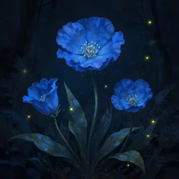 beautiful digital matte painting of whimsical botanical illustration blue flowers fireflies enchanted dark background dark contrast by android jones