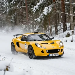 a 1 9 9 9 lotus elise sport 1 9 0, racing through a rally stage in a snowy forest