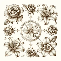 beautiful decorative classical ornament fibonacci rhythms, roses, lilies, magnolias, rose petals, leaves, stems, highly detailed etching, rendered in octane