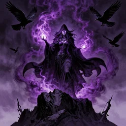 dark magic warlock woman with glowing white eyes standing on a jagged mountain top conjuring dark purple smoke glowing magic all around her, crows flying in air, graphic novel layout by michael komarck, greg rutkowski, victo ngai, artgerm, forgotten realms