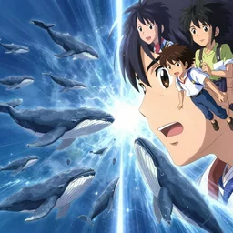 Tonemapped Shonen protagonist!! splitting a gas giant in half like Parting of the Red Sea, with pack of Space Whales fly through an interdimensional rift! in background by (Hiromu Arakawa), Makoto Shinkai and (Cain Kuga)