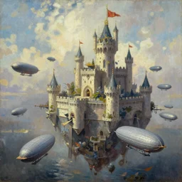 an armada of airships attacking a floating castle, oil painting, in the style of bayard wu, 4 k