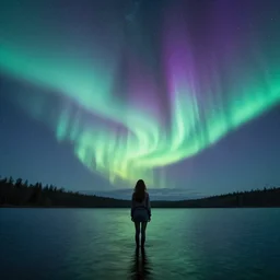 a photo of a girl standing in a lake looking at the entire universe, ethereal, aurora borealis