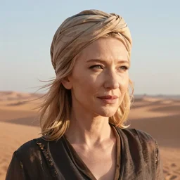 hyperrealistic portrait of cate blanchett , wearing a turban, lit by dawn light, desert ,