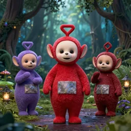 demonic teletubbies in magical forest, dark atmosphere, high detail, soft lighting