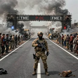 highly detailed war photograph of a pmc operative guarding a highway checkpoint surrounded by climate migrants, smoke storm, cinematic, realistic, surreal, intricate, digital art, ambient, by darek zabrocki, industrial art style, 3 5 mm film grain, artstation
