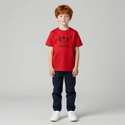 Boy with red hair wearing red T-shirt, dark blue pants and white shoes