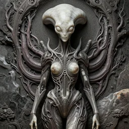 happy female alien, tubular creature, blood vesels, no face, dystopian surrealism, artstyle alex ries and zdzisław beksinski, symmetry accurate features, very intricate details, hres, 4 k, naraka buddhist demon korean female, symmetrical long head, smooth marble surfaces, detailed ink illustration, metal gear, cinematic smooth stone, deep aesthetic, concept art, post process, carved marble texture silk cloth, latex skin, highly ornate intricate details, in the style of 8 8 grzes
