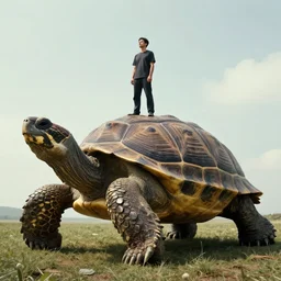 award wining photograph of a man standing on a giant, enormous, very big turtle