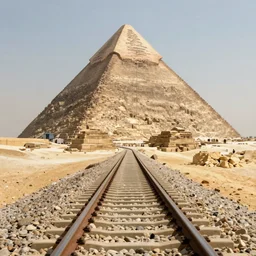 railway tracks going toward an egyptian pyramid, matte painting, single point perspective, artstation, detailed, high quality