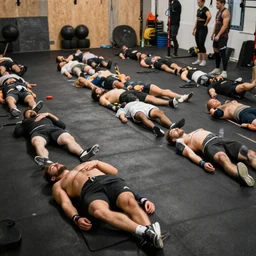 a gym full of people preparing themselves for competetive sleeping, sports event, action photography
