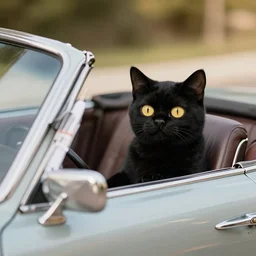 A human scaled black cat cruising in a convertible from the 70s