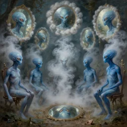 celebration : : vapors, steam : : looking at many clouded round mirrors : : postreal fantasy art : : blue - skinned aliens : : ethnological photomanipulation painting : : 4 k extremely detailed