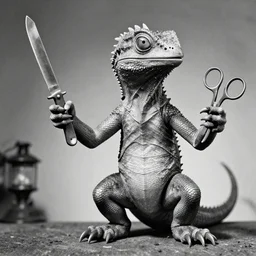 reptilian with straight - razor in one claw and scissors in the other claw, retro black and white photograph