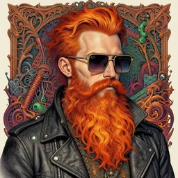 detailed hipster skinny man with square sunglasses, long fire colored beard, dmt, by james gurney + intricate and vibrant work + portrait + trending on artstation + incredible gothic illustration + exquisite detail