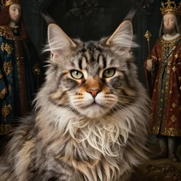 Medieval painting of a fluffy Maine coon. High resolution. Highly detailed. Art station. 8k