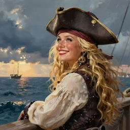 a happy smiling loving blond beautiful pirate captain gazing into the horizon in the style of banksy