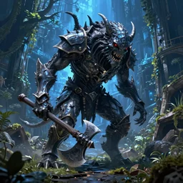 post - gothic giant creepy chimera, exoskeleton armor, attacking with axe, dystopian ruins covered in vegetation, highly detailed smooth digital art masterpiece, vitaly bulgarov giger dramatic dark blue light, ground angle hd 8 k, sharp focus