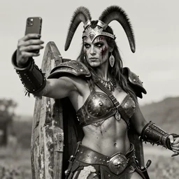 vertical movie frame with commanche female warrior on m wood jetpack, making selfie, armor inspired by diablo barbarian and fashion, strong blooded body, brutal blooded symmetrical face, epic, cinematic lighting, award winning, establishing shot, extremely high detail, photorealistic, brutal, provocative, natural lighting, octane render, old photo, vintage, black and white, sepia, old photography, documentary photography