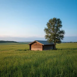 amazing photography work of beautiful landscape, open field and wooden hut, soft glow of light, vibrant cool color palette, masterpiece, art work by greg rutsowski, high details, very sharp