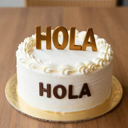 A professionally shot photo of a birthday cake with Hola on it
