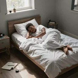young black teenager asleep in his disheveled bed + wide shot of a messy bedroom in black and white ink, comic book style by Joe Madureira + Artgerm and WLOP