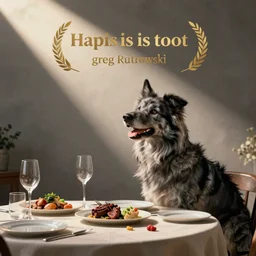 arcanine eating dinner at a table happiness is temporary by greg rutkowski