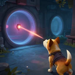 A dog in Portal 2 shooting portals