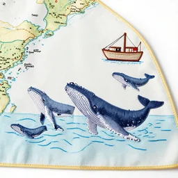 cape with a map of the sea and whales on it. boat. fabric, stitched. whales. humpback