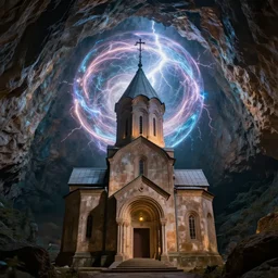 old cristian church in deep cave with abstract energy lightning ball, realistic, beautiful texture, beautiful graphics, fantasy artwork, very beautiful scenery, hd, hdr, ue 5, ue 6, unreal engine 5, cinematic 4 k wallpaper, 8 k, ultra detailed