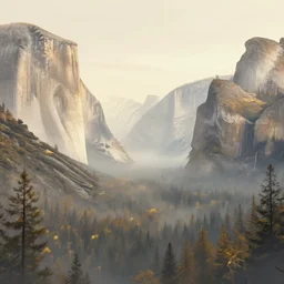 a retrowave style artwork of yosemite national park, a land of the dead, divine, hazy, volumetric lighting, spacetime bending, very detailed, serene, gold accents, washed out colors, beautiful artwork, master level composition, raytracing
