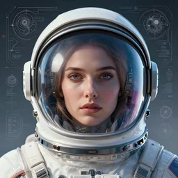 retrofuturistic portrait of a woman in astronaut helmet, smooth transparent visor, reflective gradient, highly intricate space graphics in background, close up, quint buchholz, wlop, dan mumford, artgerm, liam brazier, peter mohrbacher, raw, featured on artstation, octane render, cinematic, elegant, intricate, 8 k