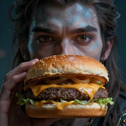 cinematic shot cheeseburger, mood lighting, fantasy, detailed face, highly detailed, super realistic, perfect lighting