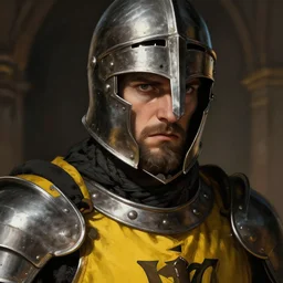 Closeup of frustrated male medieval sergeant with a {short} beard and a steel open open open face helmet wearing a black!!!! and yellow tabard over a steel breastplate and a black gambeson, face visible, intricate, dramatic lighting, illustration by Greg Rutkowski, ArtStation, digital art, fantasy
