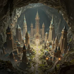 A highly detailed 4K fantasy matte painting of city in cave. ArtStation, CGSociety, Unreal Engine