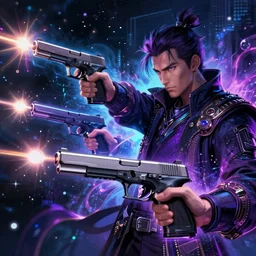 A sorcerer wielding two Glock pistols, bust shot, smooth, intricate, elegant, galactic energy, power aura, neon glowing spells, digital painting, artstation, concept art, high tech fantasy, sharp focus, illustration, art by Jason Chan and Riot Studios and Blizzard Studios