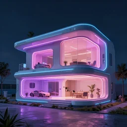 a futuristic house with neon lights