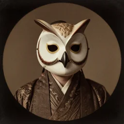 potrait of an emperor wearing owl mask, spotlight, photo studio, cinematic lighting, cinematic, dramatic, key figures, shallow focus, circa 1 6 0 0 s, old photo, realistic photo, realistic, ultra realistic, old, grain, noise, scratch, japanese style, brownish, history, photo history, potrait, in a circle frame