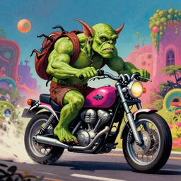 psychedelic airbrush art of an orc driving a motorcycle