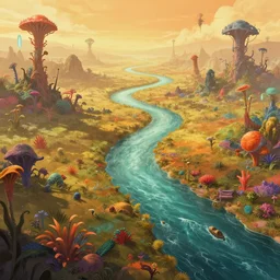 digital illustration of a singular river flowing through a colorful alien landscape, art by Junji Ito, Cyril Rolando, Pablo Amaringo, M.W Kaluta, Victo Ngai and Caspar David Friedrich, warm color palette, alien flora, wide angle, panoramic, fantasy, 8k resolution, deviantart, trending on Artstation, concept art, Terragen, HDR, Octane